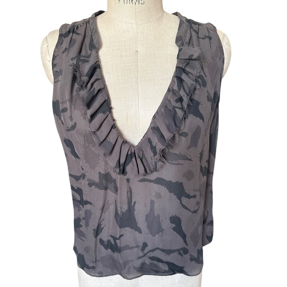 L'AGENCE Silk Camo Ruffle Neck Blouse Tank Size Small Designer